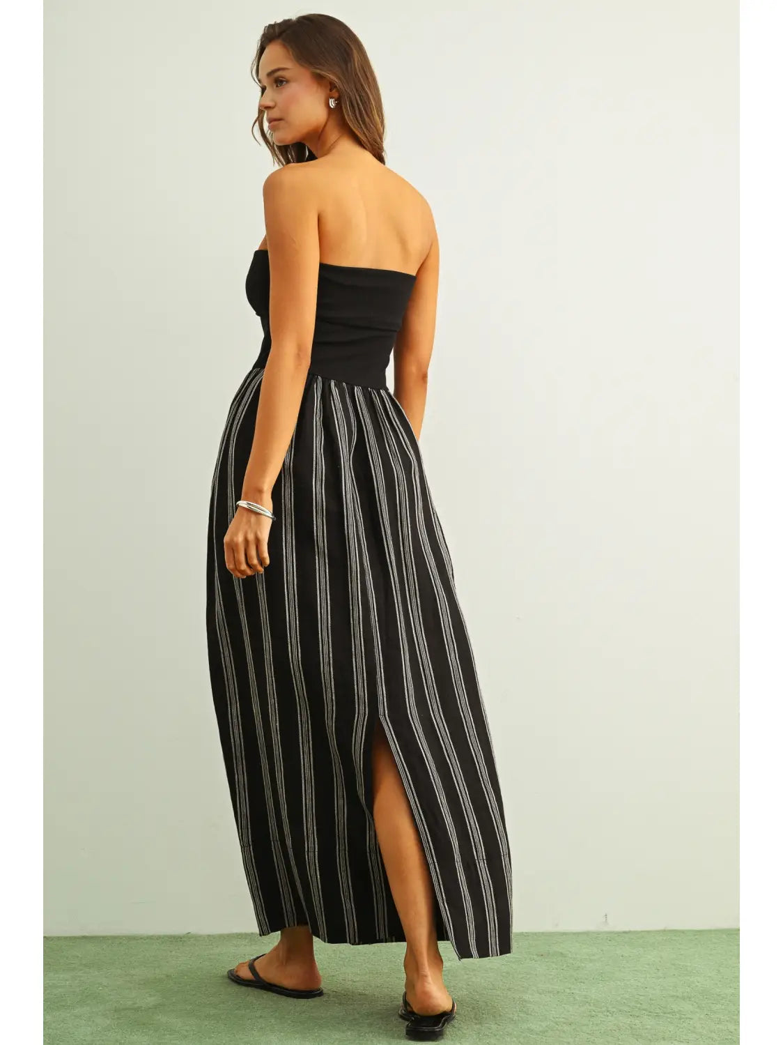 Striped Pattern Knit with Ribbed Top Combination Dress