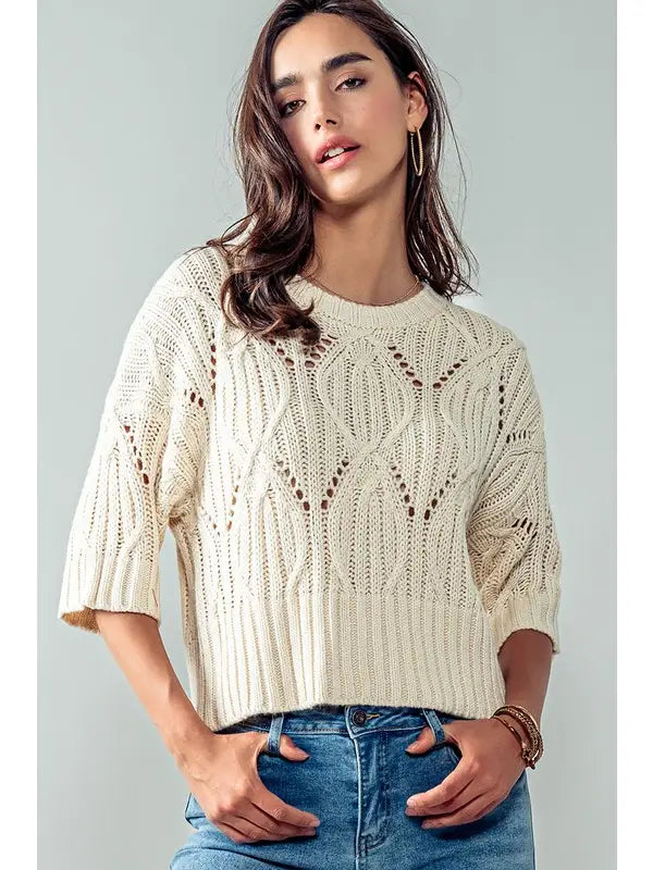 Cream Knit Sweater Crochet Round Neck Short Sleeve Top