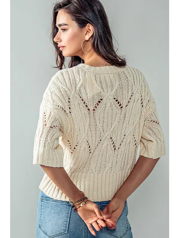 Cream Knit Sweater Crochet Round Neck Short Sleeve Top