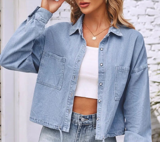 Lapel Pockets Laced Cropped Denim Shirt Top