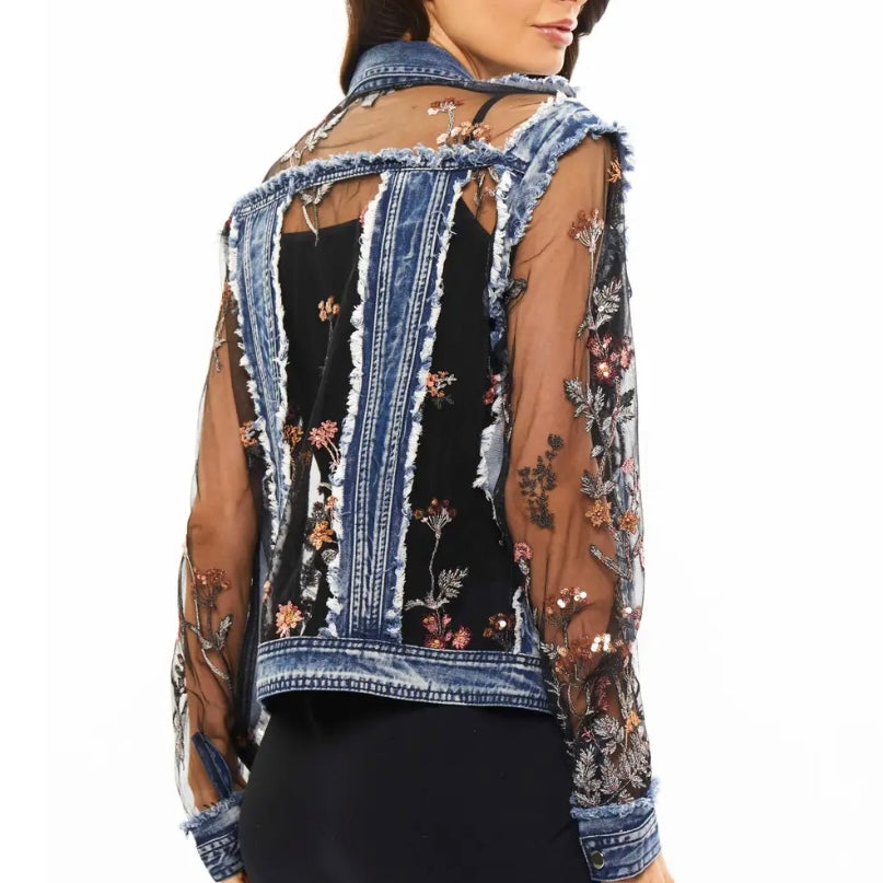 Denim Jacket with Floral Lace