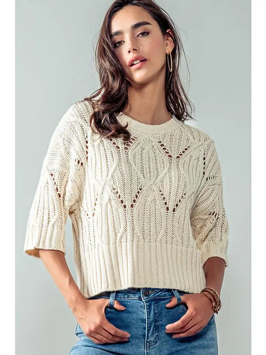 Cream Knit Sweater Crochet Round Neck Short Sleeve Top