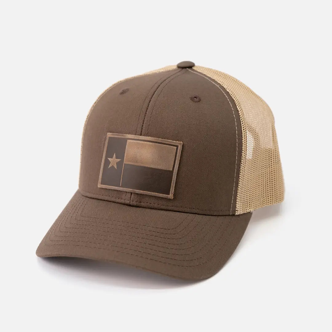Brown Texas Flag Hat | Leather Patch Trucker Hat