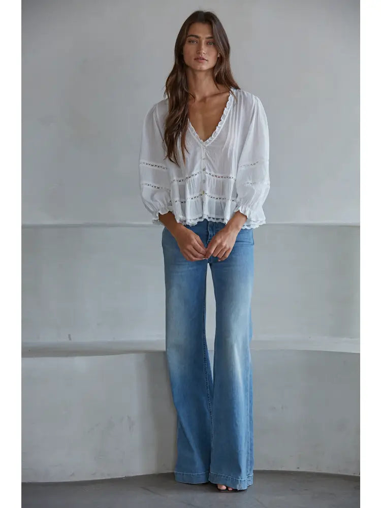 Woven Cotton V-Neck Quarter Sleeve Top