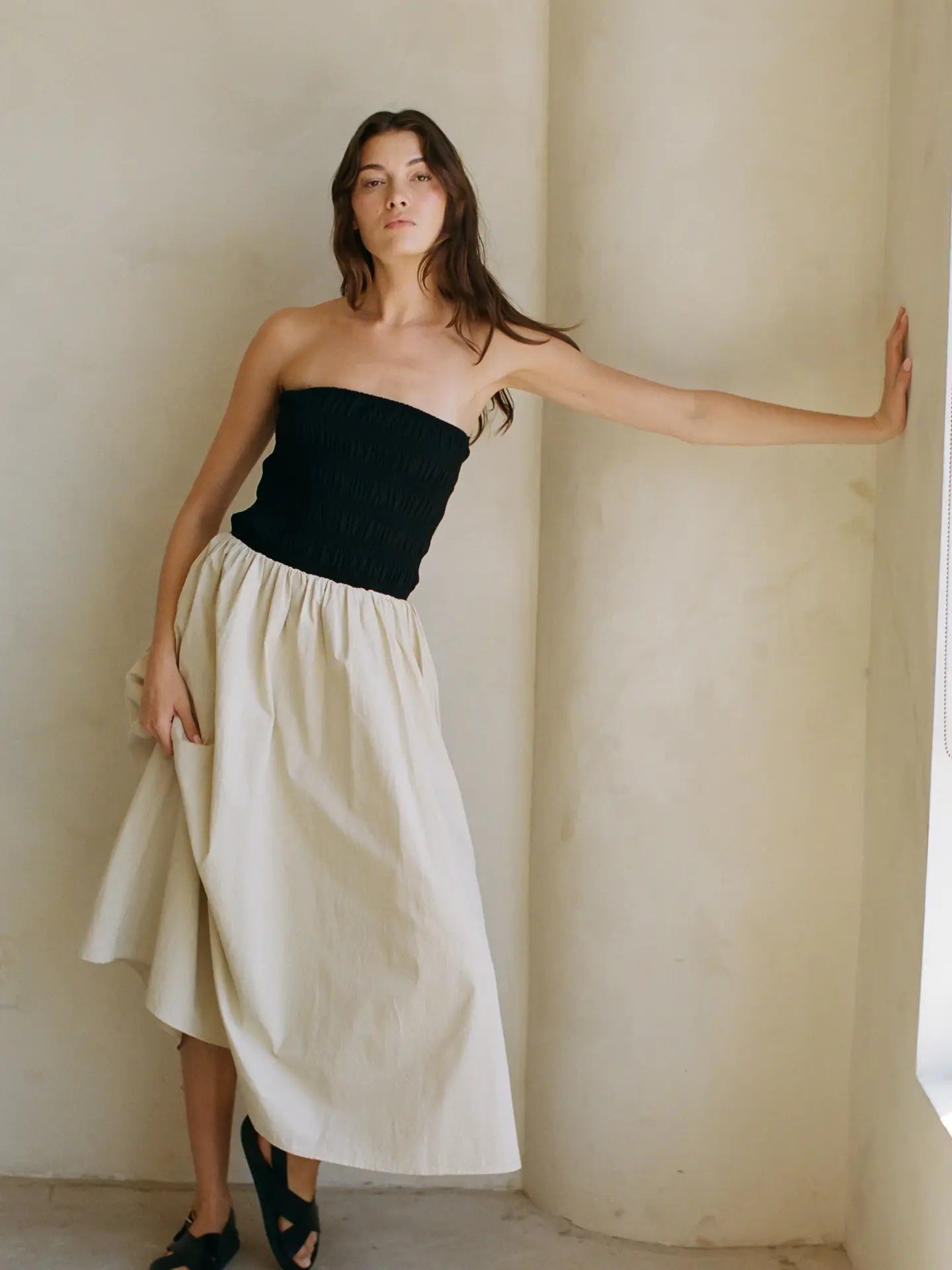 Woven Cotton Strapless Flare Midi Dress