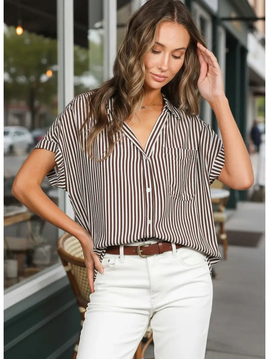 Collared Short Roll-Up Sleeve Button-Down Shirt
