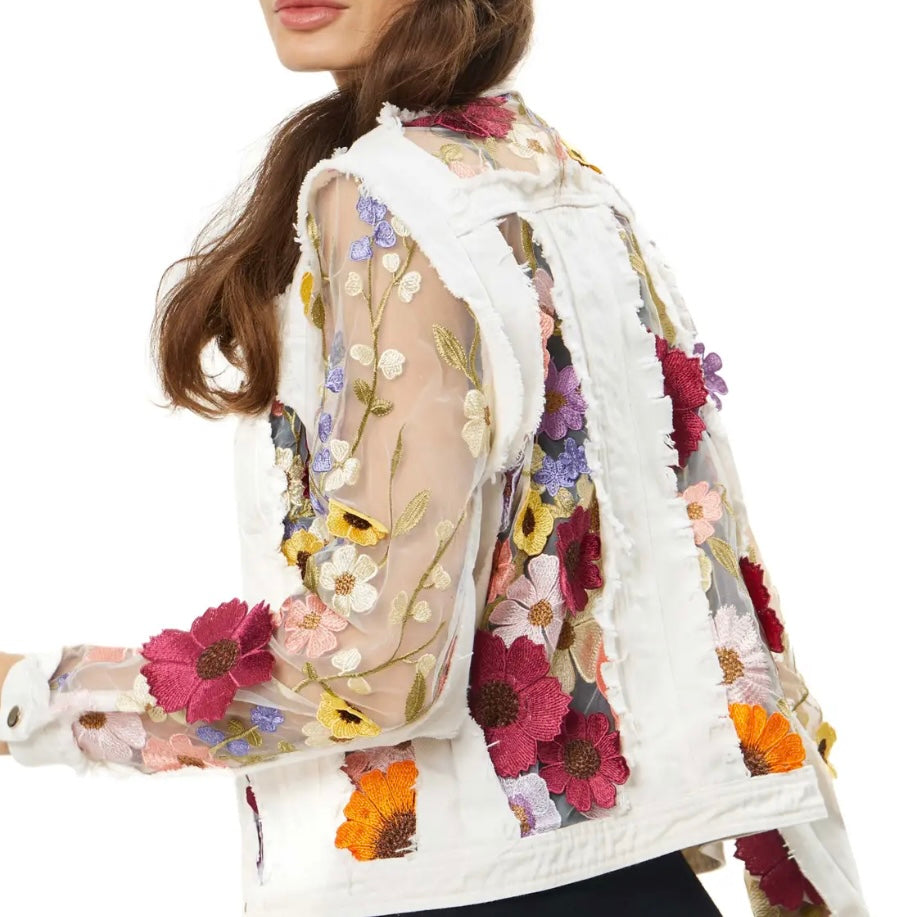 White Denim Jacket with Floral Embroidery